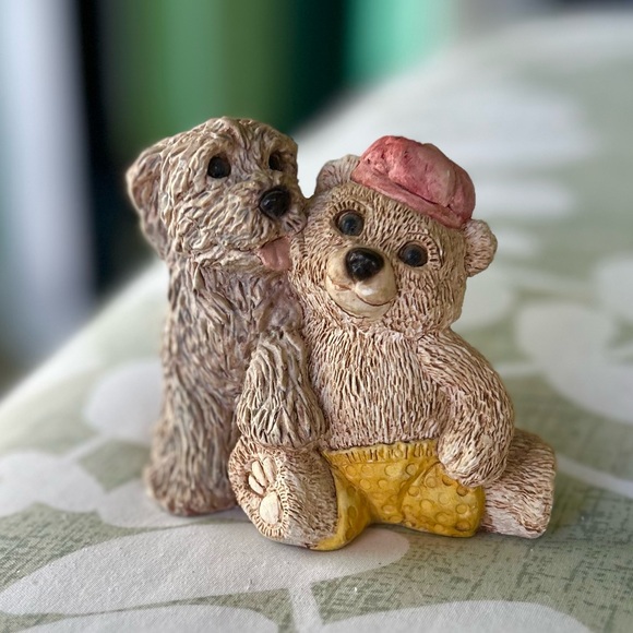 VTG Cute Rustic Shaggy Dog & Teddy Bear Cottagecore Mini Figurine Decor Accent - Picture 2 of 11